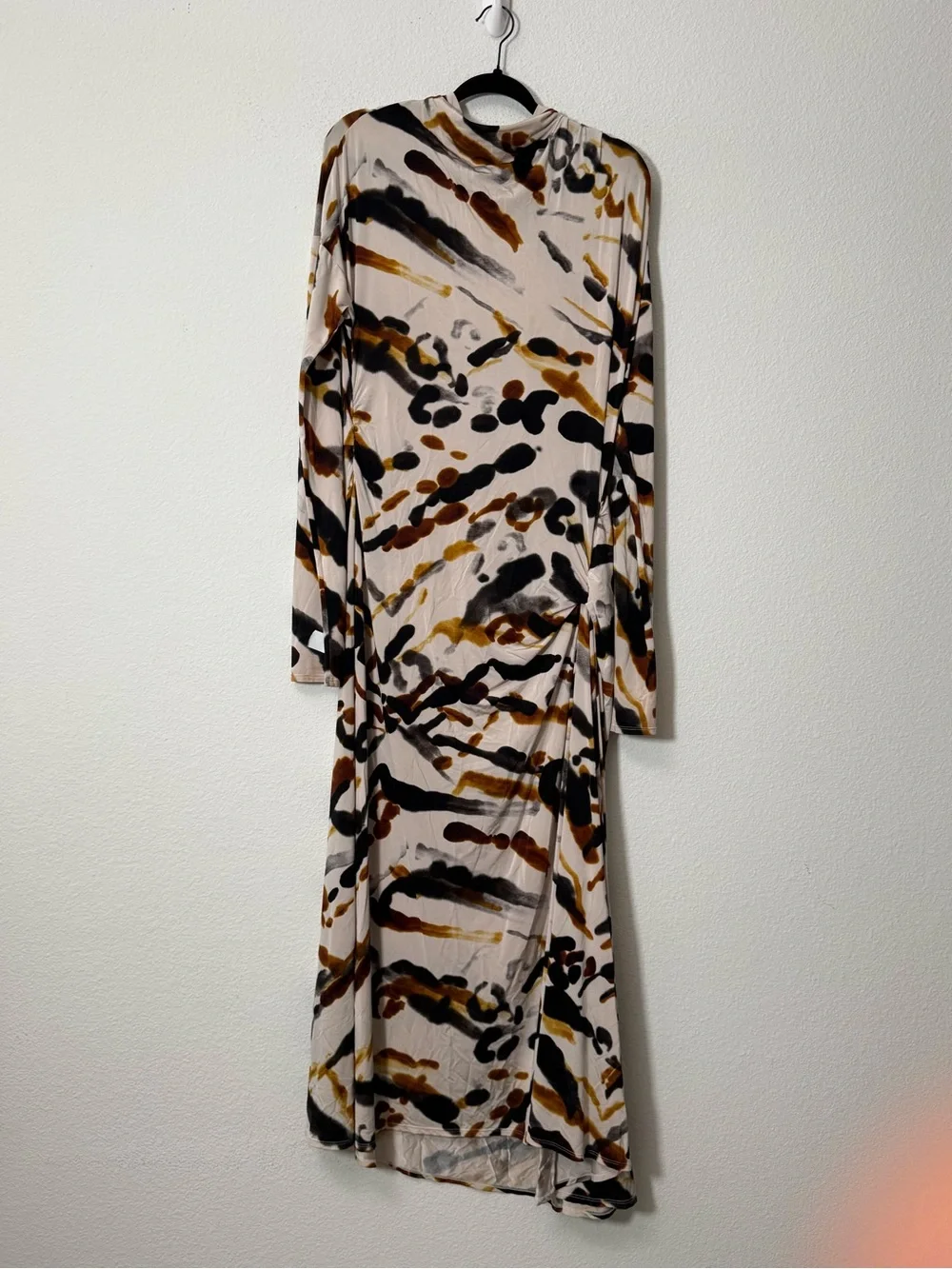 A.L.C. Lia Jersey Printed Maxi Dress Black Camel Abstract Ruched XL $795